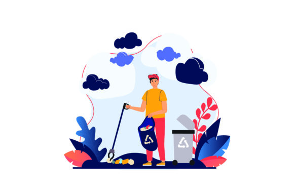Download Flat Illustration Asset - Trash Bin Bag - Asset Collection